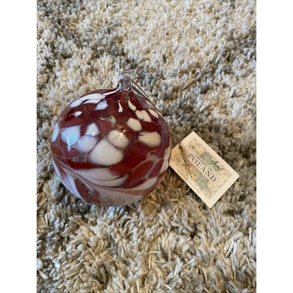 New Handmade Art Glass Poland Glass Ball Ornament 4" Multi Brownish/Red &‎ White